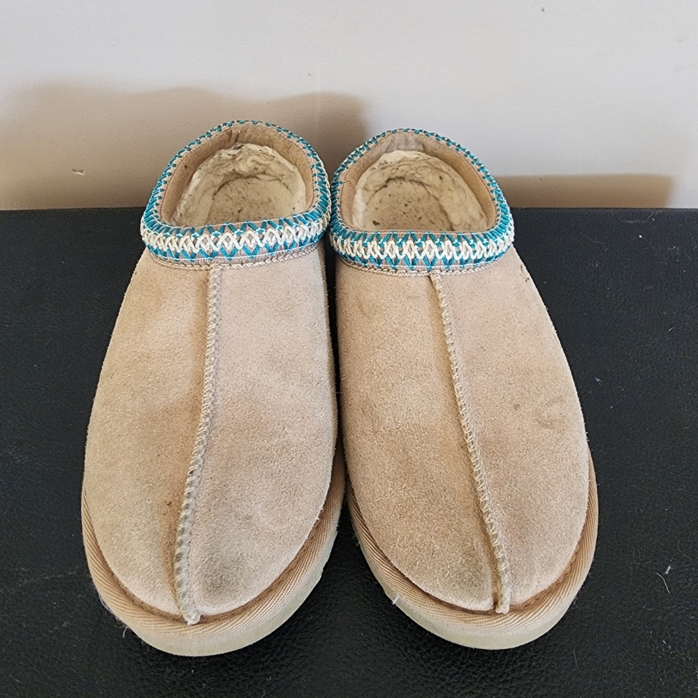 Tan Suede Ugg Tasman Slippers with Blue Trim